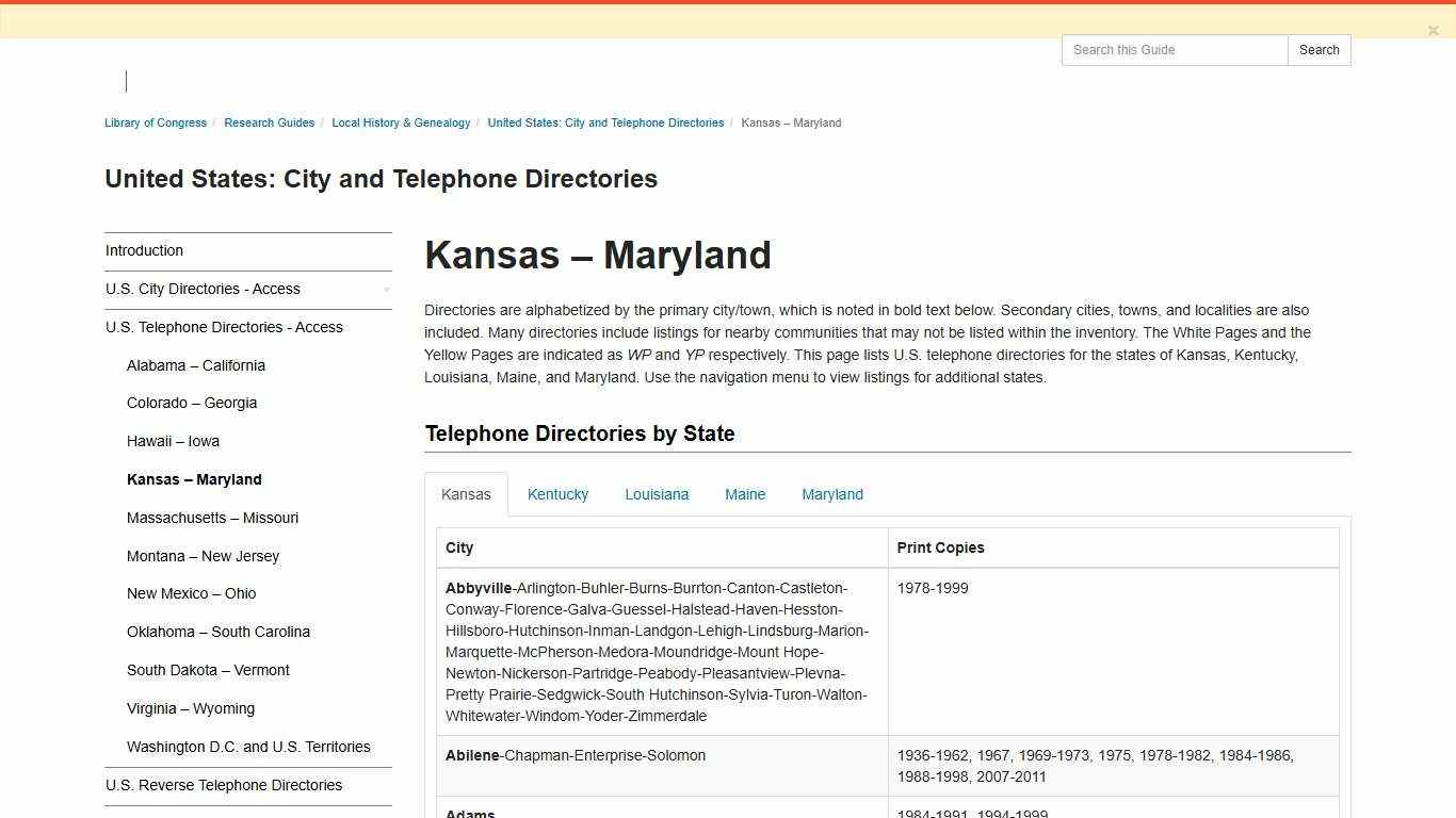 Kansas – Maryland - United States: City and Telephone Directories - Research Guides at Library of Congress